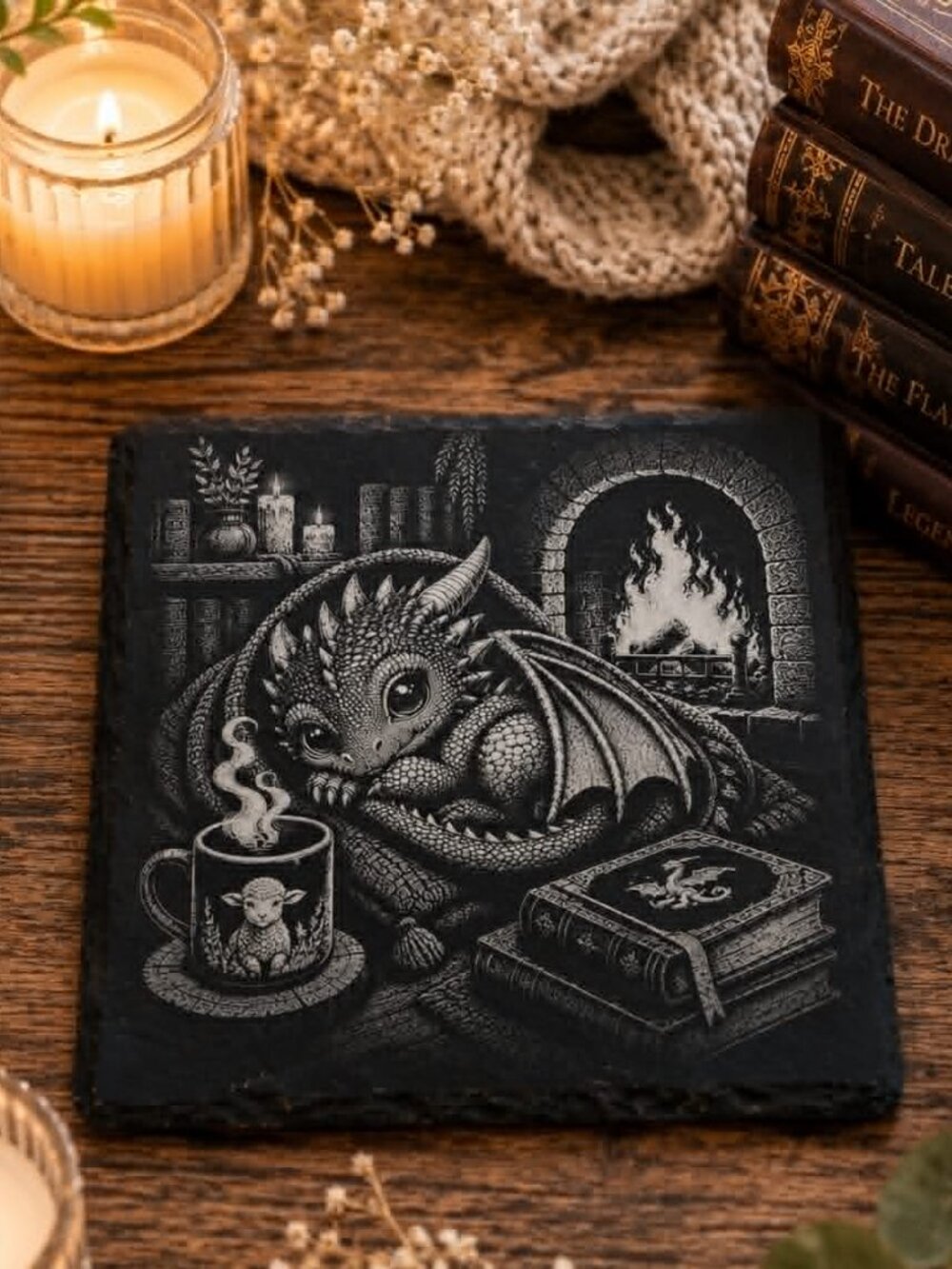 Cozy Baby Dragon Slate Coaster | Fantasy Book Lover Gift | Set of 2
